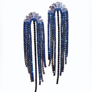 Blue Rhinestone Inlaid Tassel Dangle Eareings